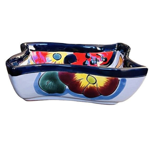 Talavera Enchanted Mexican Pottery Square Blue Floral Small Wavy 7” inch - Picture 3 of 6